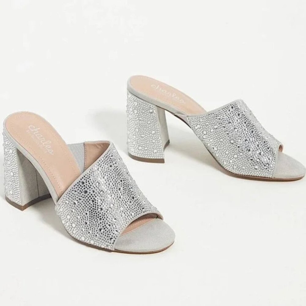 Charles by Charles David Rhinestone Studded Mules Block Heels Silver